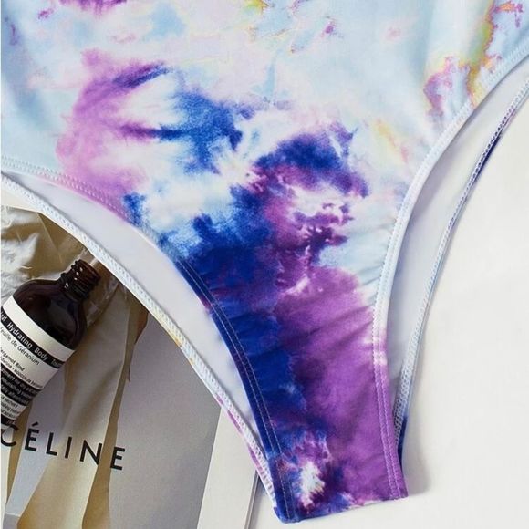 SOLD NWOT Shein Tie Dye Keyhole One Piece Swimsuit Blue Purple Size Large - Picture 10 of 14
